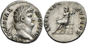 Nero augustus, 54 – 68 
Denarius circa 64-65, AR 3.52 g. NERO CAESAR – AVGVSTVS Laureate head r. Rev. IVPPITER – CVSTOS Jupiter seated l., holding th...