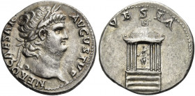 Nero augustus, 54 – 68 
Denarius circa 65-66, AR 3.55 g. NERO CAESAR – AVGVSTVS Laureate head r. Rev. VESTA Domed hexastyle temple within which, stat...