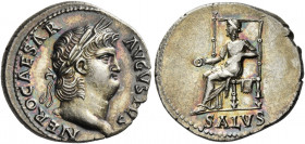 Nero augustus, 54 – 68 
Denarius circa 65-66, AR 3.46 g. NERO CAESAR – AVGVSTVS Laureate head r. Rev. Salus seated l. holding patera in r. hand and r...