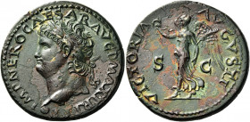 Nero augustus, 54 – 68 
Dupondius, Lugdunum circa 66, Æ 13.49 g. IMP NERO CAESAR AVG P MAX TR PPP Laureate head l. with globe at point of bust. Rev. ...
