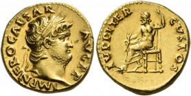 Nero augustus, 54 – 68 
Aureus circa 67-68, AV 7.34 g. IMP NERO CAESAR – AVG P R Laureate head r. Rev. IVPPITER – CVSTOS Jupiter seated l., holding t...