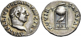 Vitellius, April –December 69 
Denarius late April - December 69, AR 3.11 g. A VITELLIVS GERM IMP AVG TR P Laureate bust r. Rev. XV VIR – SACR FAC Do...