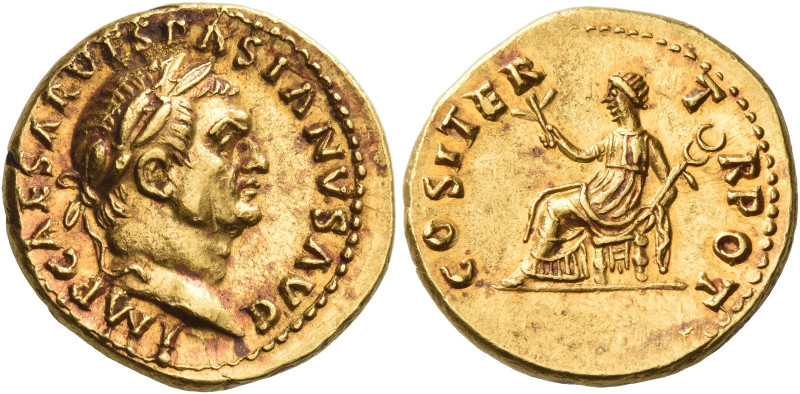Vespasian, 69 – 79
Aureus 70, AV 7.36 g. IMP CAESAR VESPASIANVS AVG Laureate he...