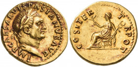 Vespasian, 69 – 79
Aureus 70, AV 7.36 g. IMP CAESAR VESPASIANVS AVG Laureate head r. Rev. COS ITER – T – R POT Pax seated l., holding branch and cadu...