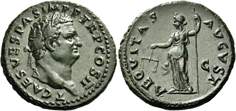 Titus caesar, 69 – 79 
As 72, Æ 10.88 g. T CAES VESPAS IMP P TR P COS II Laurea...