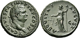 Titus caesar, 69 – 79 
As 72, Æ 10.88 g. T CAES VESPAS IMP P TR P COS II Laureate head r. Rev. AEQVITAS – AVGVST S – C Aequitas standing facing, head...