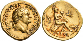 Titus caesar, 69 – 79
Aureus 77-78, AV 7.35 g. T CAESAR IMP VESPASIANVS Laureate head r. Rev. Roma seated r. on shields, l. foot on helmet, holding s...