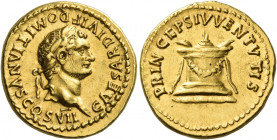 Domitian caesar, 69 - 81
Aureus 80-81, AV 7.37 g. CAESAR DIVI F DOMITIANVS COS VII Laureate head r. Rev. PRINCEPS IVVENTVTIS Garlanded altar. C –. BM...