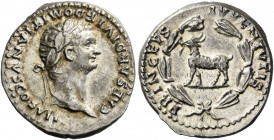 Domitian caesar, 69 - 81 
Denarius 80-81, AR 3.51 g. CAESAR DIVI F DOMITIANVS COS VII Laureate and bearded head r. Rev. PRINCEPS – IVVENTVTIS Goat st...