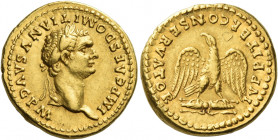 Domitian augustus, 81 – 96
Aureus circa 81-83, AV 7.69 g. IMP CAES DOMITIANVS AVG P M Laureate head r. Rev. IVPPITER CONSERVATOR Eagle standing facin...