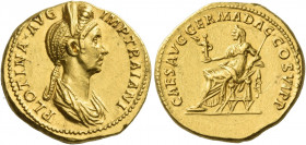 Plotina, wife of Trajan 
Aureus, 112-August 117, AV 7.46 g. PLOTINA AVG IMP TRAIANI Diademed and draped bust r., hair in plait. Rev. CAES AVG GERMA D...