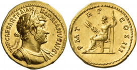 Hadrian augustus, 117 – 138
Aureus 121-123, AV 7.33 g. IMP CAESAR TRAIAN HADRIANVS AVG Laureate, draped and cuirassed bust r. Rev. P M T – R P – COS ...