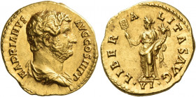 Hadrian augustus, 117 – 138 
Aureus circa 133-135, AV 7.23 g. HADRIANVS – AVG COS III P P Bare-headed and draped bust r. Rev. LIBER – A – LITAS AVG L...