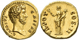 Aelius caesar, 136 - 138 
Quinarius circa 137, AV 3.69 g. L·AELIVS – CAESAR Bare bust r. Rev. TR·POT – COS·II Felicitas standing l., holding caduceus...
