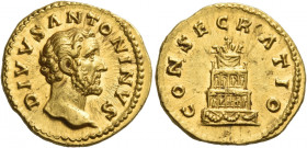 Antoninus Pius augustus, 138 – 161 
Divus Antoninus. Aureus after 161, AV 7.34 g. DIVVS – ANTONINVS Bare head r. Rev. CONSECRATIO Decorated and garla...