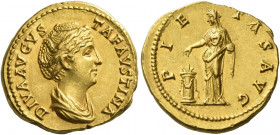Faustina I, wife of Antoninus Pius 
Diva Faustina. Aureus after 141, AV 7.35 g. DIVA AVGVS–TA – FAVSTINA Draped bust r., hair waved and coiled on top...
