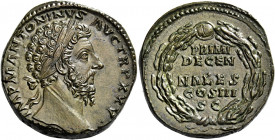 Marcus Aurelius augustus, 161 – 180 
Sestertius 170-171, Æ 31.89 g. IMP M ANTONINVS AVG TR P XXV Laureate head r. Rev. PRIMI / DECEN / NALES / COS II...