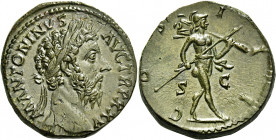 Marcus Aurelius augustus, 161 – 180 
Sestertius 170-171, Æ 27.90 g. M ANTONINVS AVG TR P XXV Laureate head r. Rev. COS – I – II Mars walking r., hold...