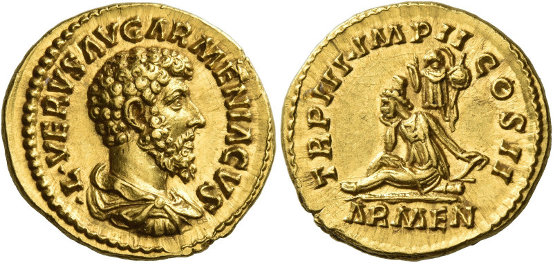 Lucius Verus, 161 – 169
Aureus 163, AV 7.27 g. L VERVS AVG ARMENIACVS Draped, c...