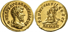 Lucius Verus, 161 – 169
Aureus 163, AV 7.27 g. L VERVS AVG ARMENIACVS Draped, cuirassed and bare-headed bust r. Rev. TR P III·IMP II COS II Armenia s...