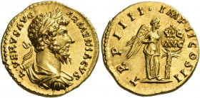 Lucius Verus, 161 – 169
Aureus December 163-164, AV 7.27 g. L VERVS AVG – ARMENIACVS Laureate, draped and cuirassed bust r. Rev. TR P IIII IMP II COS...