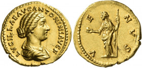 Lucilla, wife of Lucius Verus 
Aureus 164-169 or later, AV 7.24 g. LVCILLAE AVG ANTONINI AVG F Draped bust r. Rev. V – E – NVS Venus standing l., hol...