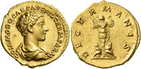 Commodus caesar, 166 – 177 
Aureus 175-176, AV 7.32 g. COMMODO CAES AVG FIL GERM SARM Bare headed, draped and cuirassed bust r. Rev. DE GERMANIS Two ...