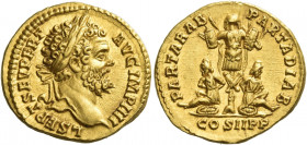 Septimius Severus, 193 – 211
Aureus 194-195, AV 7.05 g. L SEPT SEV PERT – AVG IMP IIII Laureate head r. Rev. PART ARAB – PART ADIAB COS II P P Two bo...