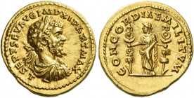 Septimius Severus, 193 – 211
Aureus, Laodicea circa 198–202, AV 7.15 g. L SEPT SEV AVG IMP XI PART MAX Laureate, draped and cuirassed bust r. Rev. CO...