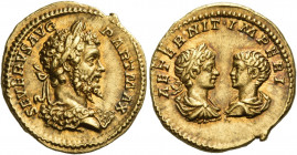 Septimius Severus, 193 – 211
Aureus circa 200-201, AV 7.16 g. SEVERVS AVG – PART MAX Laureate bust r., wearing lion’s skin. Rev. AETERNIT IMPERI Laur...