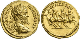 Septimius Severus, 193 – 211
Aureus 202, AV 7.19 g. SEVER P AVG P M – TR P X COS III Laureate, draped and cuirassed bust r. Rev. A – DVENT AVGG Sever...