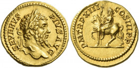 Septimius Severus, 193 – 211
Aureus circa 205, AV 7.53 g. SEVERVS – PIVS AVG Laureate head r. Rev. P M TR P XIII – COS III P P Severus on horse l., h...