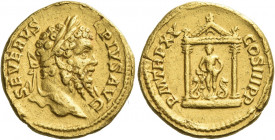 Septimius Severus, 193 – 211
Aureus 207, AV 7.17 g. SEVERVS – PIVS AVG Laureate head r. Rev. P M TR P XV – COS III P P Asclepius standing facing, bet...