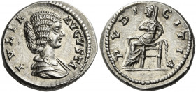 Julia Domna, wife of Septimius Severus 
Denarius, Laodicea circa 198-202, AR 4.03 g. IVLIA – AVGVSTA Draped bust r. Rev. PVDI – CITIA Pudicitia seate...