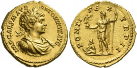 Caracalla augustus, 198 – 217
Aureus circa 199, AV 7.21 g. IMP CAES M AVR – ANTONINVS AVG Laureate, draped and cuirassed bust r. Rev. PONTI – FE – X ...