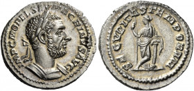 Macrinus, 217 – 218
Denarius 217-218, AR 3.20 g. IMP C M OPEL SEV MACRINVS AVG Laureate and cuirassed bust r. Rev. SECVRITAS TEMPORVM Securitas stand...