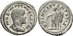 Maximus caesar, 235 – 238 
Denarius 236-237, AR 3.67 g. MAXIMVS CAES GERM Draped bust r. Rev. PRINC IVVENTVTIS Maximus standing l. holding baton and ...