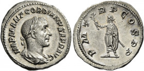 Gordian I, 1st – 22nd April 238 
Denarius 1st-22nd April 238, AR 3.19 g. IMP M ANT GORDIANVS AFR AVG Laureate, draped and cuirassed bust r. Rev. P M ...