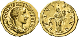Gordian III augustus, 238 – 244 
Aureus 240, AV 4.56 g. IMP GORDIANVS PIVS FEL AVG Laureate, draped and cuirassed bust r. Rev. A – EQVITAS AVG Aequit...