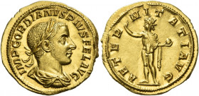 Gordian III augustus, 238 – 244
Aureus 241-243, AV 4.99 g. IMP GORDIANVS PIVS FEL AVG Laureate, draped and cuirassed bust r. Rev. AETERNITATI AVG Sol...