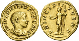 Philip II caesar, 244 – 247 
Aureus 245–246, AV 4.25 g. M IVL PHILIPPVS CAES Bare-headed and draped bust r. Rev. PRINCIPI I – VVENT Philip II, in mil...