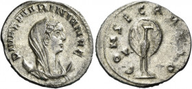Diva Mariniana, wife of Valerian I 
Antoninianus 256-257, AR 3.85 g. DIVAE MARINIANAE Veiled and draped bust r. on crescent. Rev. CONSECRATIO Peacock...