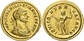 Diocletian, 284 - 305 
Aureus 286, AV 5.31 g. IMP C C VAL DIOCLETIANVS P F AVG Laureate, draped and cuirassed bust r. Rev. IOVI CO – NSER – VAT AVGG ...
