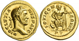 Diocletian, 284 - 305
Aureus, Treviri 294, AV 5.48 g. DIOCLETIA – NVS P AVG Laureate head r. Rev. IOVI CON – SERVAT Jupiter seated facing, holding th...