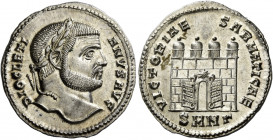 Diocletian, 284 - 305 
Argenteus, Nicomedia circa 295-296, AR 3.36 g. DIOCLETI – ANVS AVG Laureate head r. Rev. VICTORIAE SARMATICAE Camp gate with f...