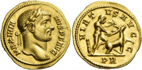 Maximianus Herculius augustus, first reign 286 – 305 
Aureus 287, AV 5.05 g. MAXIMIA – NVS P F AVG Laureate head r. Rev. VIRT – VS AVGG Hercules stan...