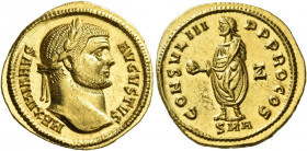 Maximianus Herculius augustus, first reign 286 – 305
Aureus, Antioch circa 290, AV 5.34 g. MAXIMIANVS – AVGVSTVS Laureate head r. Rev. CONSVL III – P...