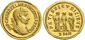 Maximianus Herculius augustus, first reign 286 – 305
Aureus, Antiochia 294, AV 5.23 g. IMP C M AVR VAL MAXIMIANVS P F AVG Laureate and cuirassed bust...
