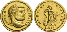 Maximianus Herculius augustus, first reign 286 – 305
Aureus, Nicomedia circa 294, AV 5.36 g. MAXIMIA – NVS P F AVG Laureate head r. Rev. HERCVLI – VI...