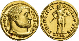Galerius Maximianus ceasar, 293 – 305
Aureus, Siscia 295-296, AV 5.59 g. MAXIMI – ANVS NOB C Laureate head r. Rev. PRINCIPI IV – V – ENTVTIS The Prin...